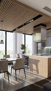 3D render. Camera pan through the interior of a studio apartment in a modern style. Vertical format for a phone.