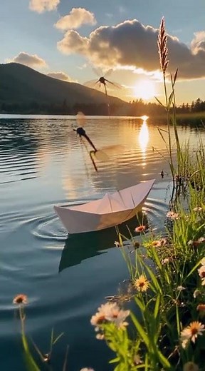 Paper Boat Nature: Pastel-colored paper boat drifting gently in sunrise-lit crystal-clear river