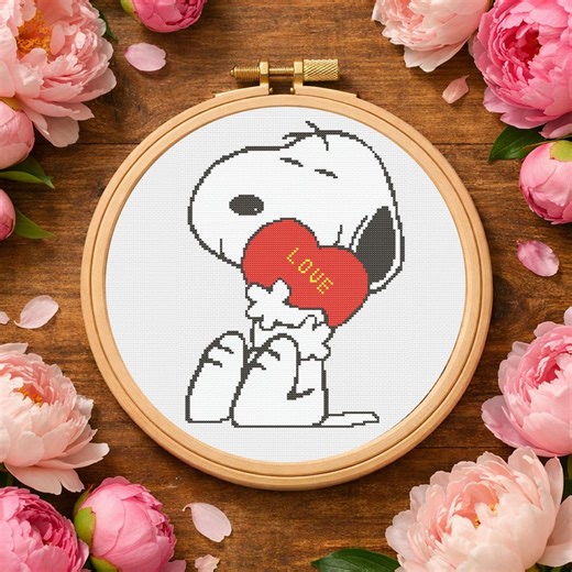 Snoopy Dog Cross Stitch Pattern - Cute Cartoon Dog Embroidery PDF, Valentine Heart Stitch, Modern Animal Design, Easy Counted Chart