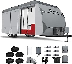 RV Cover for 27-30 ft Travel Trailers, 7 Layers Heavy Duty Camper Cover, Weatherproof & UV Resistant Motorhome Trailer Cover with Gutter & Tongue Jack Covers