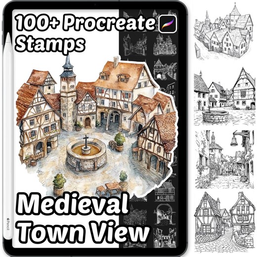 Medieval Town View Procreate Stamps | 100  Procreate Medieval Town Stamps | Background Procreate | Procreate Homes Architecture Town Builder - Etsy