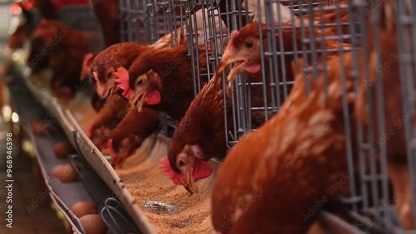 Modern domestic chicken poultry farm, with automated drinking watering system, natural background and slow pan movement