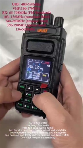 Baofeng and RBT two machine power test results announced🎉☀️😍 In our test, we tested the power performance of Baofeng and RBT machines, the following are our test results: Baofeng machine: the power is 5.5W, RBT machine: Power is 10W According to our test results, RBT machines are higher than Baofeng machines RBT full band walkie-talkie TX: UHF: 400-520MHz VHF:136-176MHz RX: 65-108MHz (FM Broadcast) 103- 136MHz (Aeroband Band) 240-260MHz (amateur band) 350-390MHz (police band) 136-520MHz One-cl