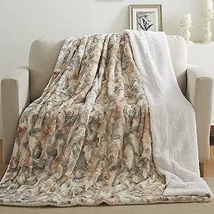 Tache 50x60 Super Soft Faux Fur Throw Blanket - Luxurious Warm Fluffy Sherpa Backside, Tan Brown Blue White, Cozy Plush Russian Lynx Design, Perfect for Couch, Bed, and Sofa Decor