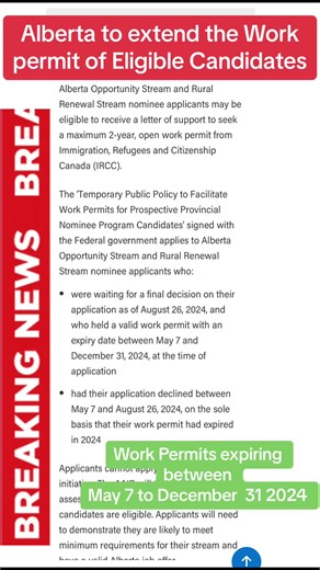 Alberta Work Permit Extension for Eligible Candidates