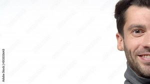 Slow-motion profile confident male half face, giving permission, agree, nod in approval, confirm everything good, reassure all alright, smiling satisfied and happy, standing white background