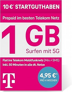 Deutsche Telekom MagentaMobil Prepaid S SIM-Karte ohne Vertragsbindung,5G inkl. I1 GB & Flat ins Mobilfunknetz,50 Freiminuten in alle Anderen dt. Netze I Surfen mit 5G/ LTE Max, 10 EUR Startguthaben
