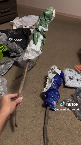 Back with another Dollar Tree Shrek project! I gathered sticks from outside and glued on old plastic bags to shape it. The only thing I had to buy was the web for $1.25! #shrekparty #shrek #shrekisloveshrekislife #spiderweb #shrekprop #halloweenparty #diydecor #dollartreediy #diyunder5 #shrekhalloween