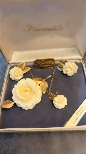 Vintage Krementz Carved Ivory demi-parure jewelry set circa 1960s