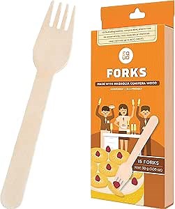 EQUO Wooden Disposable Forks (Pack of 15) - Plastic-free, Home-compostable, Heat-safe Utensils for Parties, Events, Camping & More