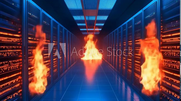 Flames erupt in a data center corridor filled with servers during a critical fire emergency early in the morning