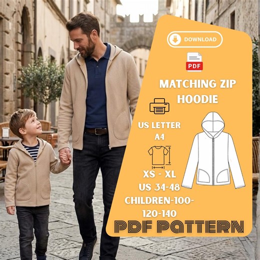 Matching Zip Hoodie Sewing Pattern PDF XS XL Adults Children Hoodie Pattern - Etsy