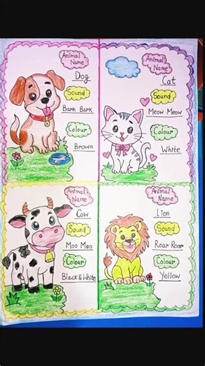 🐶 Easy Animal Chart Drawing for School Project | Dog, Cat, Cow & Lion Chart Idea