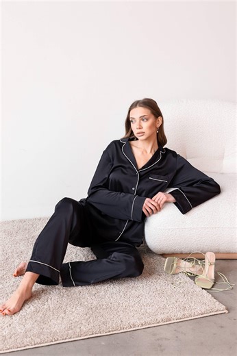 Satin Sleepwear Set: Black Long Sleeve Pajamas (loose Fit) - Etsy