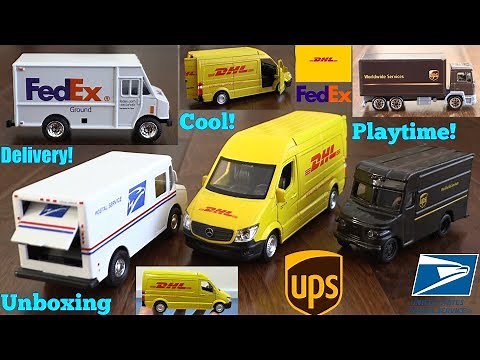 Children's TOY CARS. Delivery Trucks and Delivery Vans. FedEx, UPS, DHL and USPS Toy Trucks Playtime