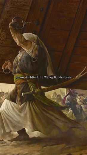 Abi History on Instagram: "Imam Ali is known for his unmatched strength and courage in history. One of the most famous stories tells of him lifting the massive Khyber gate, a feat that no one else could even move. The gate was said to be extremely heavy and reinforced with iron, yet he lifted it with ease, showing not just physical strength but also divine support. Yet even the strongest man cannot measure the weight of love and loss. When his beloved wife Fatima passed away, Imam Ali could not