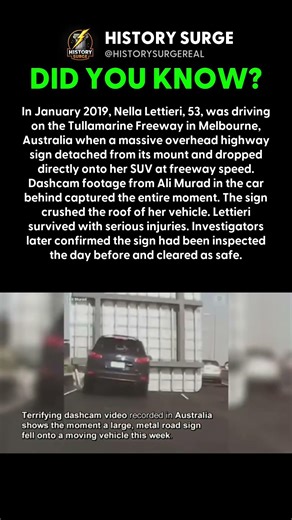 A FREEWAY SIGN FELL ON HER CAR AT FULL SPEED