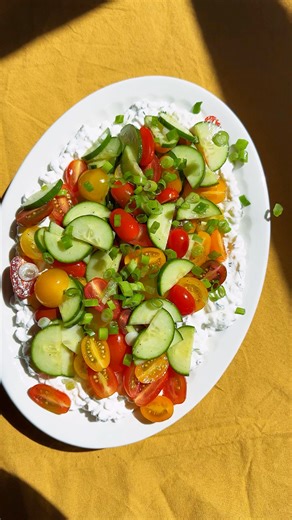 Cottage Cheese Salad ☀️ With layers of herby cottage cheese and quick marinated tomatoes and cucumbers, it’s both packed with protein and flavor. | Live Eat Learn