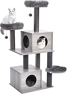 Modern Cat Tree 55.5 Inches Wooden Cat Tower with 2 Super LargeCat Condos, Cat Scratching Post and Removable Soft Perches for Indoor Cats, grey