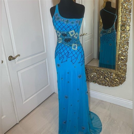 One-shoulder Turquoise Evening Gown With Beaded Embellishment - Etsy