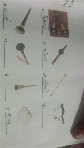 The image shows various musical instruments. The text next to e... | Filo