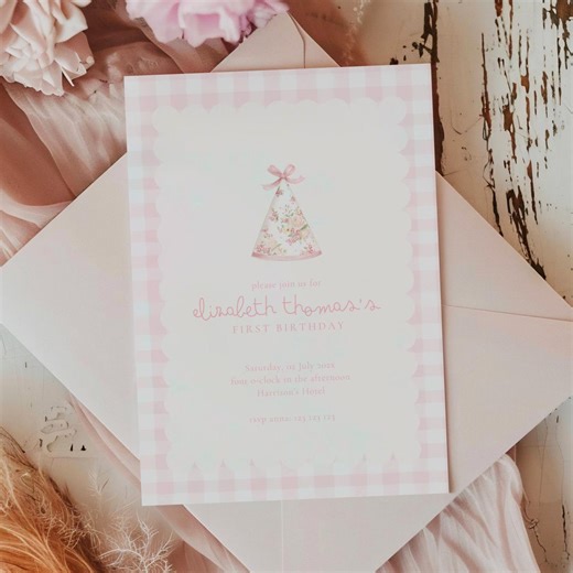 Party Hat Birthday Invitation: Girl, Pink, Gingham, 1st Birthday (editable Template) - Etsy
