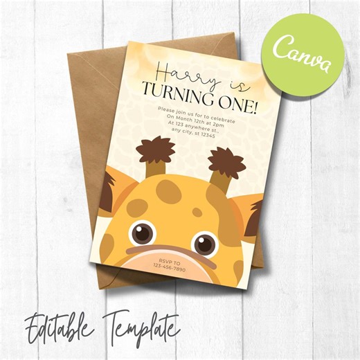 Editable Giraffe Birthday Invitation | Safari Party Invite | Canva Template - Etsy