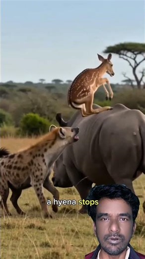 Deer Jumps on Rhino’s Back to Escape Hyena – 15 Second Wild Escape