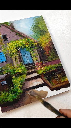 Beautiful "Cottage Front Yard" landscape painting 🏠🚪🌳🌿🐦/Acrylic on paper 🖌️ #easy #beautiful #landscape #painting #acrylicpainting #acrylic #art #paper #cottage #balcony #trees #greenery #sunlight #peaceful #chill | Hamlet Shougrakpam Art
