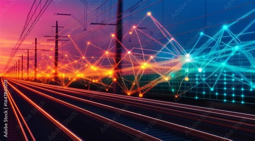 Data Rail: A futuristic vision where the transportation network seamlessly merges with the digital landscape, where lines of data trace over a railroad track, signifying connectivity.