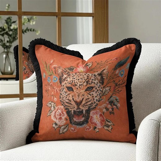 Floral Leopard Print Velvet Pillow Cover - Fringed Black Trim, Orange Accent - Etsy