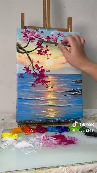 Cherry Blossoms Over the Ocean: Easy Acrylic Painting Tutorial