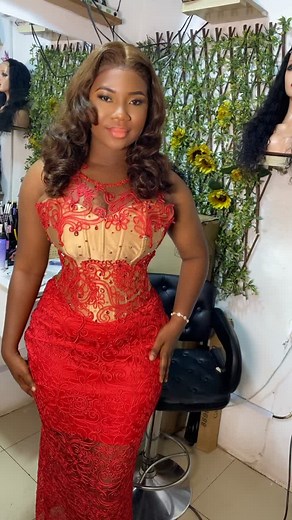 Stunning Red Lace Dress Showcase in Salon Setting