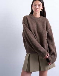 Topshop knit wool blend fluffy exposed seams easy sweater in brown | ASOS