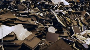 Dump of old monitors, LCD panels and flat-screen TVs. Recycling of electronic waste and plastic scrap. A huge pile of old displays. Discarded office equipment for recycling.