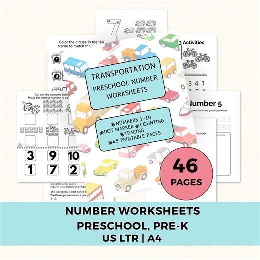 Number Worksheets Preschool 1-10, Transportation Theme, Dot Marker, Counting & Tracing Worksheets, Ten Frame Math, Cut and Paste, 46 Pages - Etsy