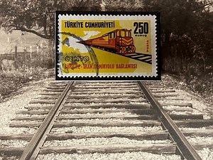 Turkish Vintage Postage Stamp, Turkey-iran Railroad Line, Train, Railroad Tracks, Red, Yellow, Black and White, Framed, Matted - Etsy