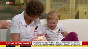 Kay Burley presents birthday girl Sienna Hicklin with a cake on the #KayBurleyShow - Sienna and her mother Jacqui are part of the 'Wouldn't change a thing' campaign, challenging negative perceptions of Down's syndrome. 🎂 Get the latest news here: https://news.sky.com/ | Sky News
