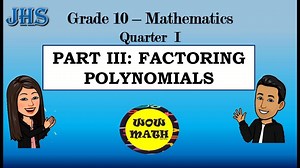 In this video you will learn to factor polynomials. Feel Free TO WATCH and LEARN! ❤❤❤ For more videos please CLICK me here and please DON'T FORGET TO SUBSCRIBE. 👇👇👇 https://tinyurl.com/y9muob6q LIKE and FOLLOW us on Facebook! https://tinyurl.com/y9hhtqux https://www.facebook.com/WOW-MATH-701748469945754/ LIKE and FOLLOW us on Slideshare! https://www.slideshare.net/FreeMathVideoTutoria https://www.slideshare.net/ArielRogon2 References: Nivera, G. C. (2015), Grade 10 Mathematics: Pattern and Pr