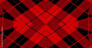 loop sequence of motion background video. Red and black tartan stripes style graphic pattern in kaleidoscopic motion effects.