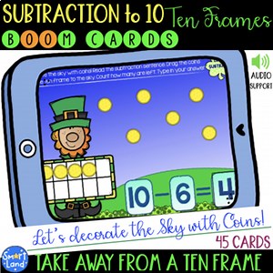 Subtraction to 10_Ten Frames_Boom Cards™| St.Patrick's