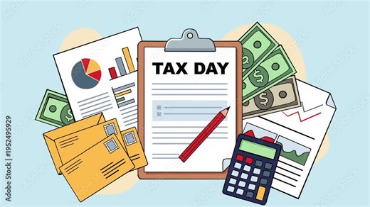 Tax Day clipboard with financial documents, calculator, and money. A clear concept of tax filing, accounting, budgeting, and financial management for business and personal income reporting.