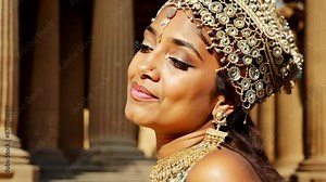 Beautiful woman in traditional Egyptian clothing in an ancient Egyptian temple.
