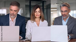 Collage diverse mature mix businessman, businesswoman working online on digital laptop pc app sitting table in office. 40s mature businesspeople, business man, entrepreneur woman using work computer