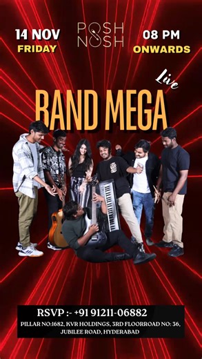 PoshNosh Club & Kitchen on Instagram: "This Friday, we turn the night into pure musical magic! 🎶🔥 Join us at Posh Nosh on 14th November as Band Mega takes over the stage with an electrifying live performance you simply can’t miss. Get ready for an unforgettable evening filled with: 🎤 High-energy live music 🎸 Top-notch performances by talented artists ✨ A vibrant ambience with stunning vibes 🥂 Perfect weekend kickoff with your squad Whether you’re looking to unwind, groove, or just enjoy gre
