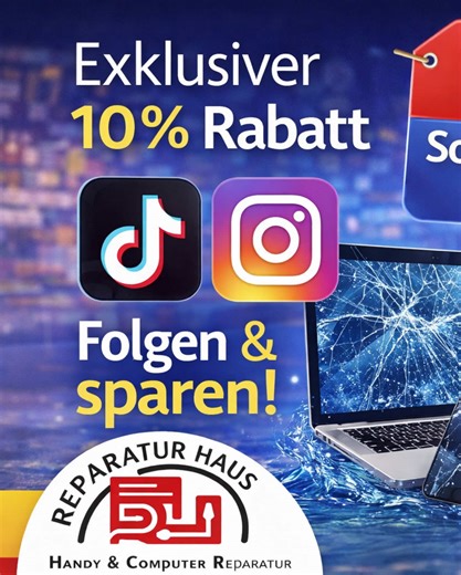 🎉 Exklusiver 10 % Rabatt für unsere Social-Media-Follower Du folgst uns schon auf Social Media? Dann haben wir eine kleine Überraschung für dich! Im Reparatur Haus Augsburg – Pfersee erhalten unsere TikTok- und Instagram-Follower einen exklusiven Rabatt. So funktioniert es: 📱 Folge uns auf TikTok & Instagram ❤️ Unterstütze uns mit Likes auf unseren Beiträgen und Stories 🎁 Zeige uns beim Besuch einfach, dass du uns folgst ➡️ Und du erhältst sofort 10 % Rabatt auf deine Reparatur! Der Rabatt gi