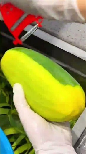 peeling green mango using slicer tool removing skin smoothly and preparing fresh fruit quickly