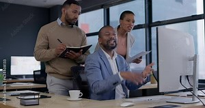 Business man, computer and group with mentor and digital research for web consultant job. Communication, manager and African professional with staff and advice on website management at office