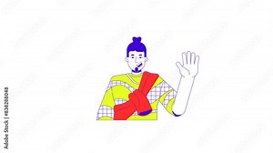 Casual fashion caucasian man waving hand line 2D character animation. Positive influencer friendly flat color cartoon 4K video, alpha channel. Smiling bearded guy animated person on white background