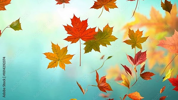 Autumn Leaves Dance: A vibrant, whimsical image of colorful autumn leaves swirling in a gentle breeze against a soft, teal sky. Perfect for fall-themed designs and projects.